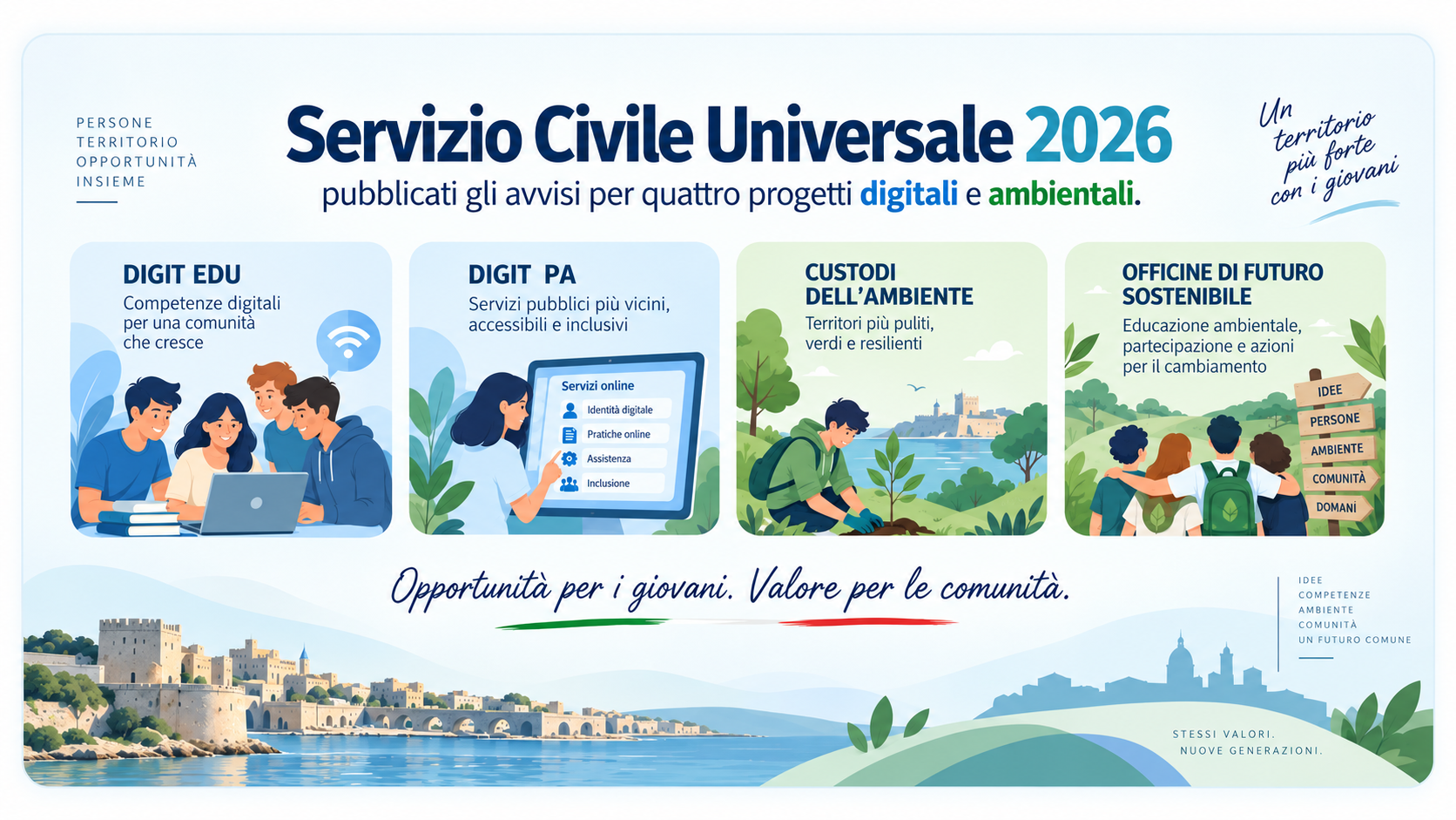 Servizio Civile Universale 2026: pubblicati gli avvisi per quattro progetti digitali e ambientali